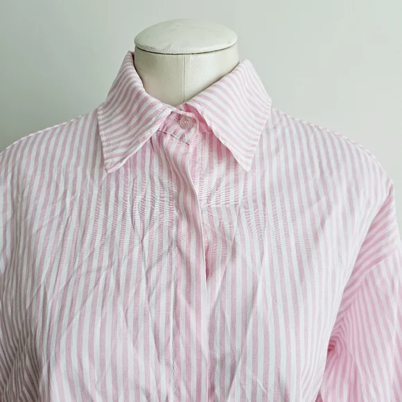 Italian 100% Cotton By Coco Pink White Striped Ruffle Button Up Shirt Size L/XXL - Picture 4 of 15
